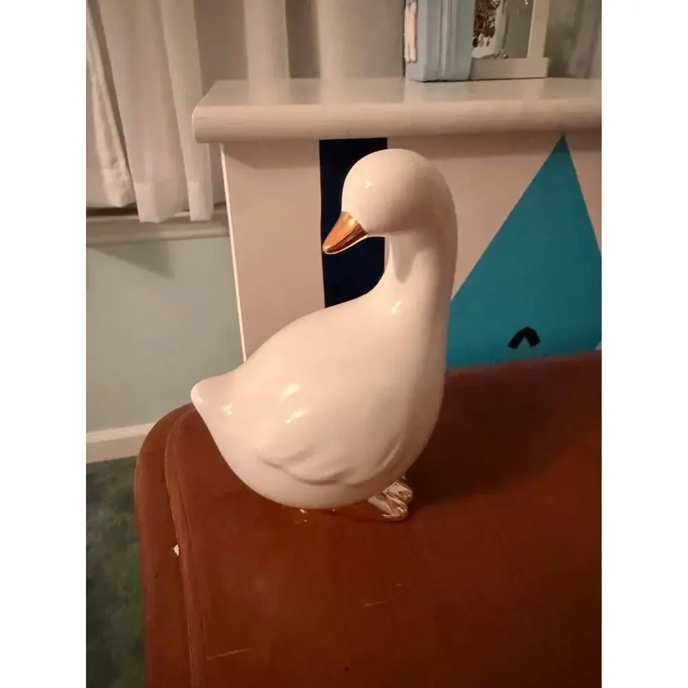 Ceramic White Duck Figurine with Gold Accents